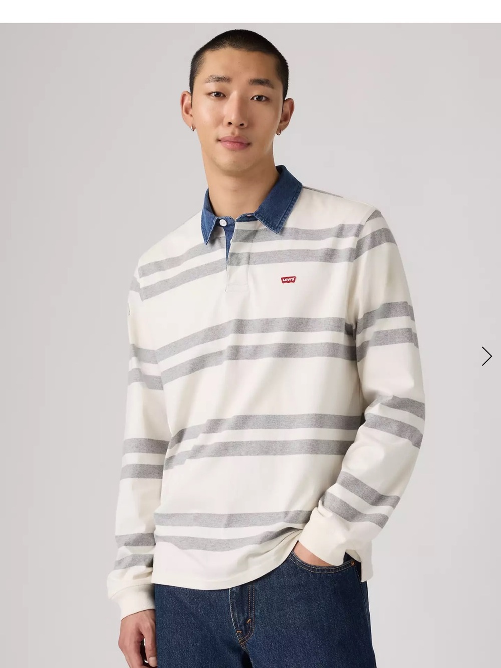 NWT Levi's Men's Cream & Gray Striped Long-Sleeve Rugby with Blue Denim Collar